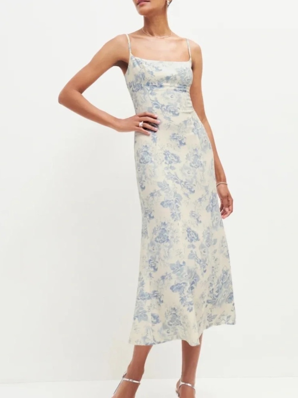 REFORMATION FLORAL LIYA DRESS BLUE MIDI SIZE 6